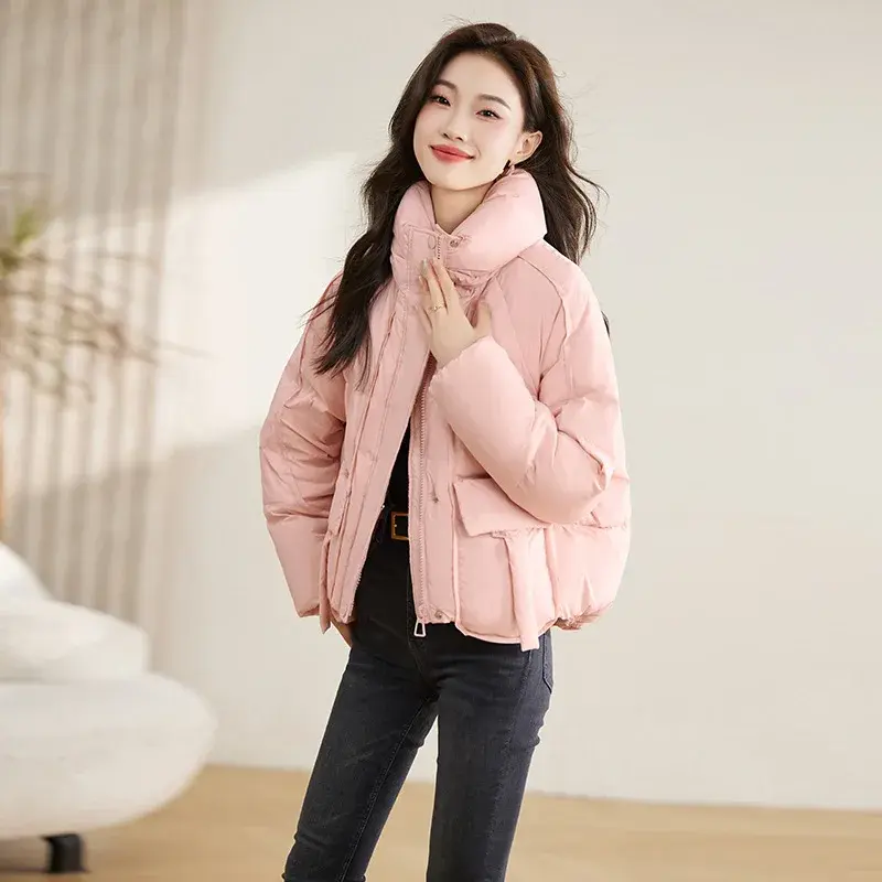 Female Short White Duck Down Jacket, Stand Collar, Thick, Warm, Monochromatic Coat, New Fashion, Winter