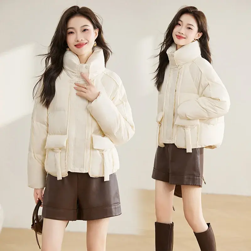 Female Short White Duck Down Jacket, Stand Collar, Thick, Warm, Monochromatic Coat, New Fashion, Winter