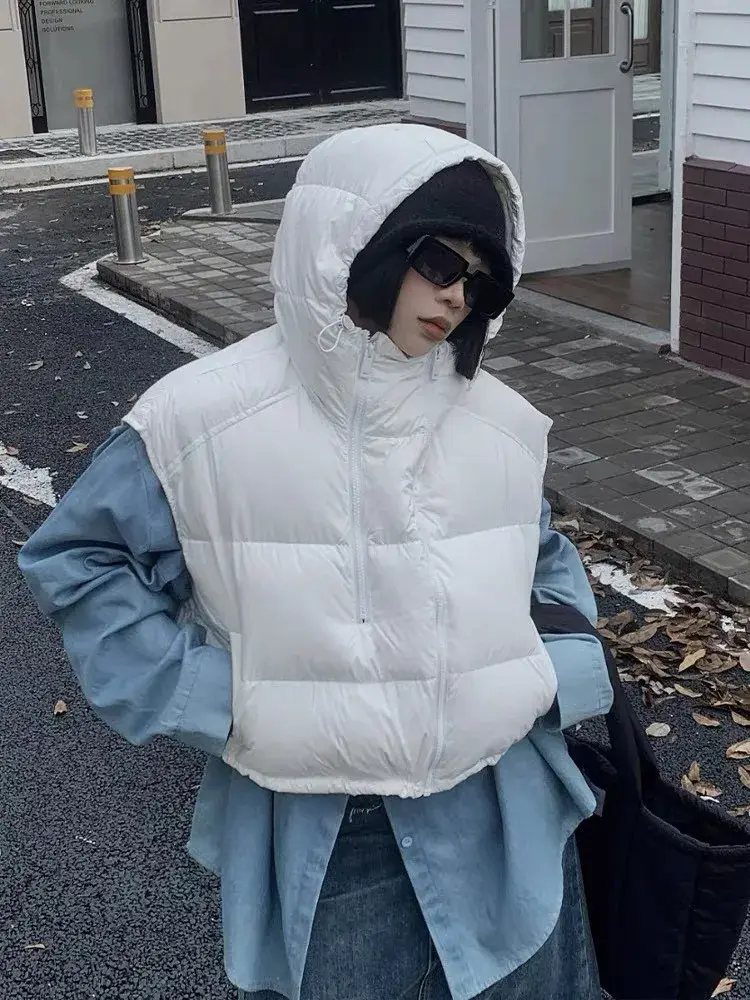 Women's Hooded Down Vest, Double Zipper Undershirts, Fashionable Waistcoat, Autumn and Winter Outer Wear