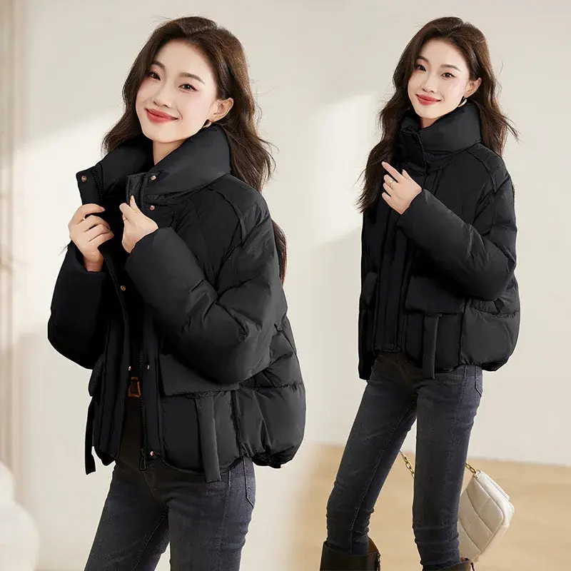 Female Short White Duck Down Jacket, Stand Collar, Thick, Warm, Monochromatic Coat, New Fashion, Winter
