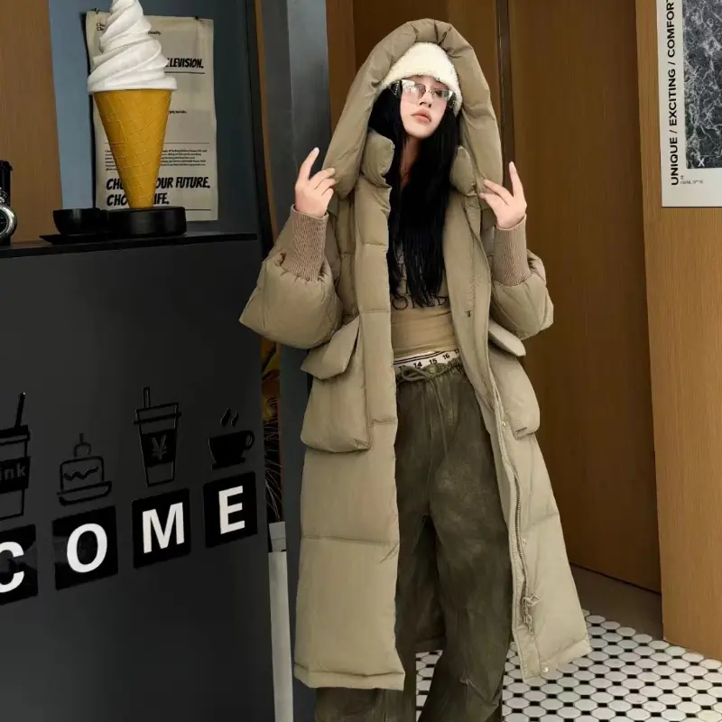 Women's Long Down Puffer Jacket, Windproof, Thickened, Warm Parka, Simple, Casual, Trendy, High Street, Winter, New