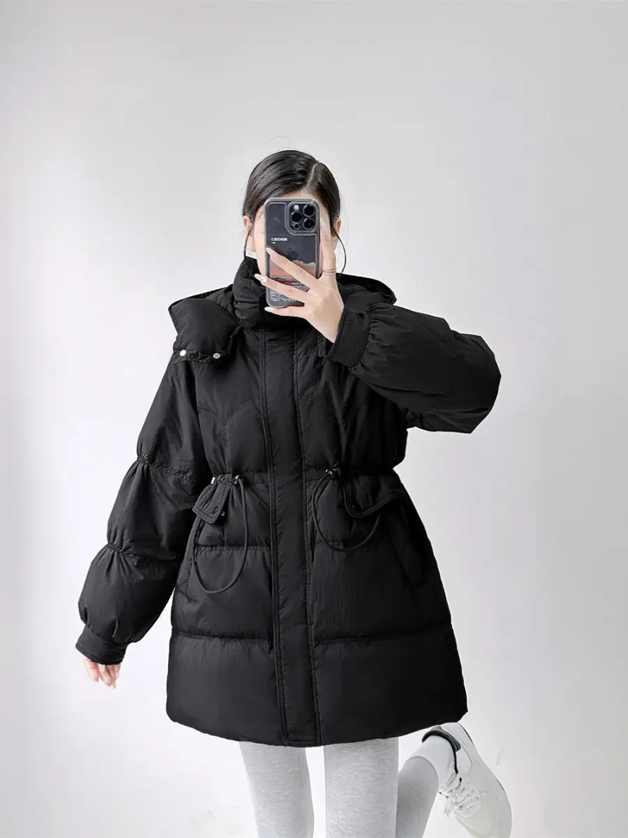 Female Thick White Duck Down Jacket, Casual Hooded, Drawstring Waist Puffer Jacket, Wild Warm Jacket, Winter Fashion, New