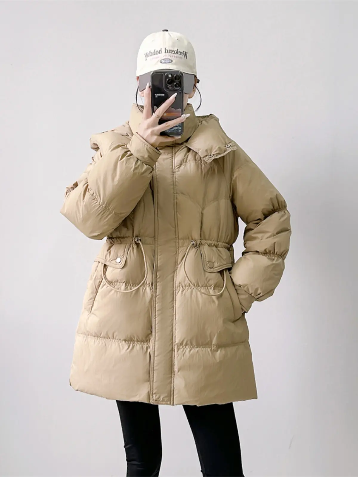 Female Thick White Duck Down Jacket, Casual Hooded, Drawstring Waist Puffer Jacket, Wild Warm Jacket, Winter Fashion, New