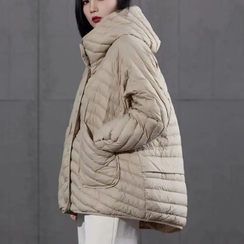 Women's Hooded Lightweight Puffer Coats, Large Pockets Parka, Monochromatic, Simple, Casual Down Jacket, Loose Warm Coats