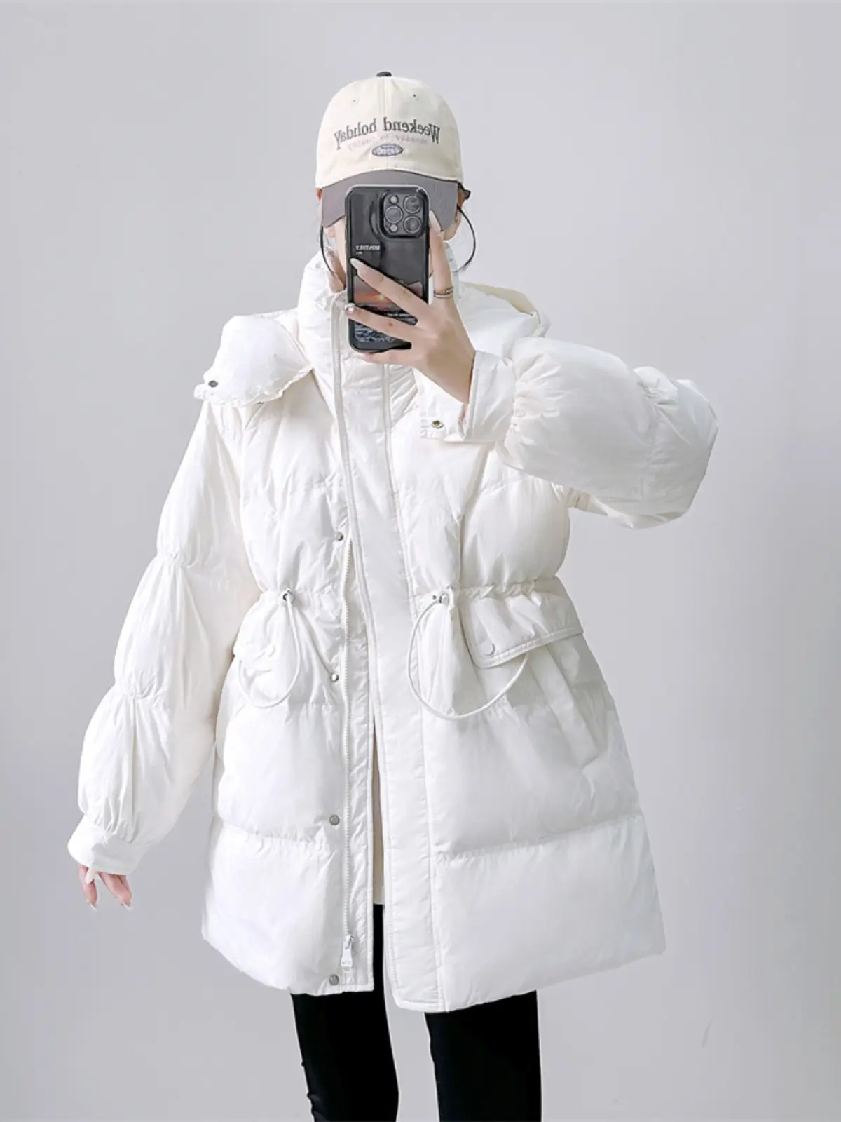 Female Thick White Duck Down Jacket, Casual Hooded, Drawstring Waist Puffer Jacket, Wild Warm Jacket, Winter Fashion, New