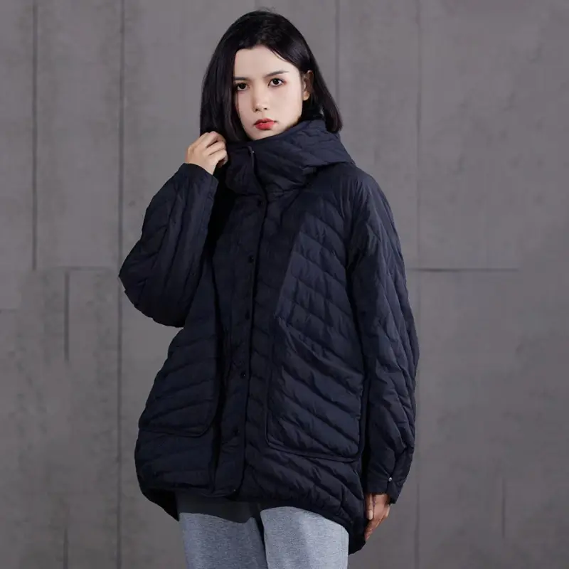 Women's Hooded Lightweight Puffer Coats, Large Pockets Parka, Monochromatic, Simple, Casual Down Jacket, Loose Warm Coats