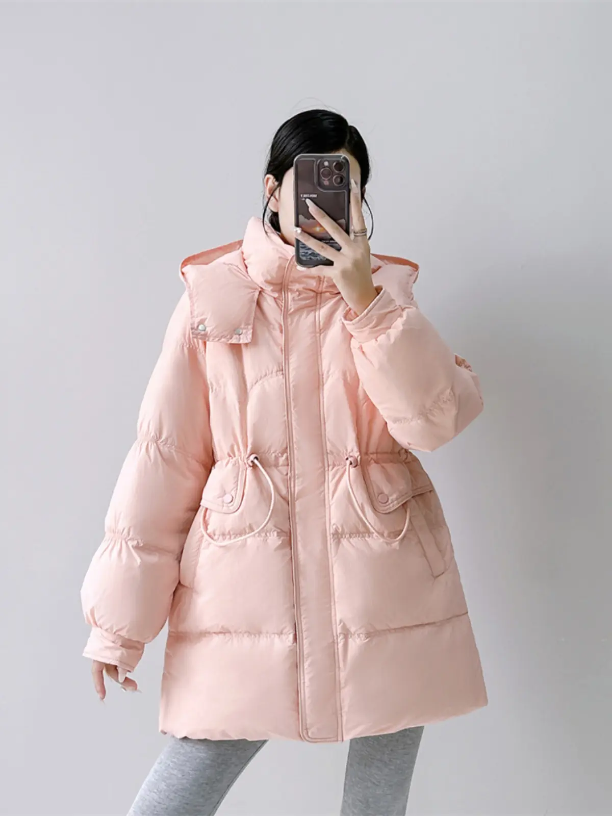 Female Thick White Duck Down Jacket, Casual Hooded, Drawstring Waist Puffer Jacket, Wild Warm Jacket, Winter Fashion, New