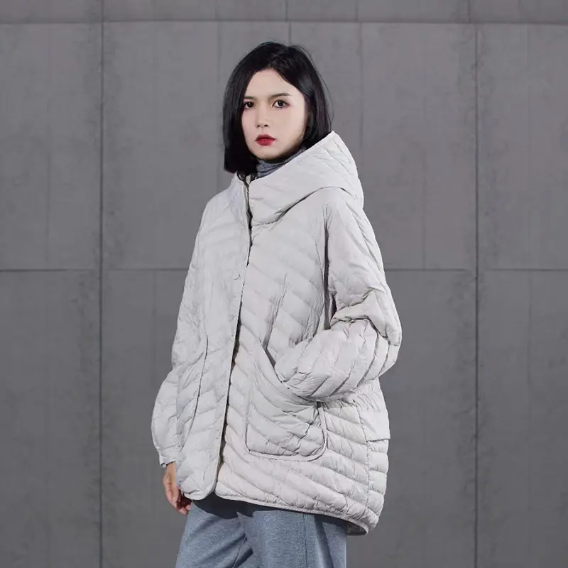 Women's Hooded Lightweight Puffer Coats, Large Pockets Parka, Monochromatic, Simple, Casual Down Jacket, Loose Warm Coats