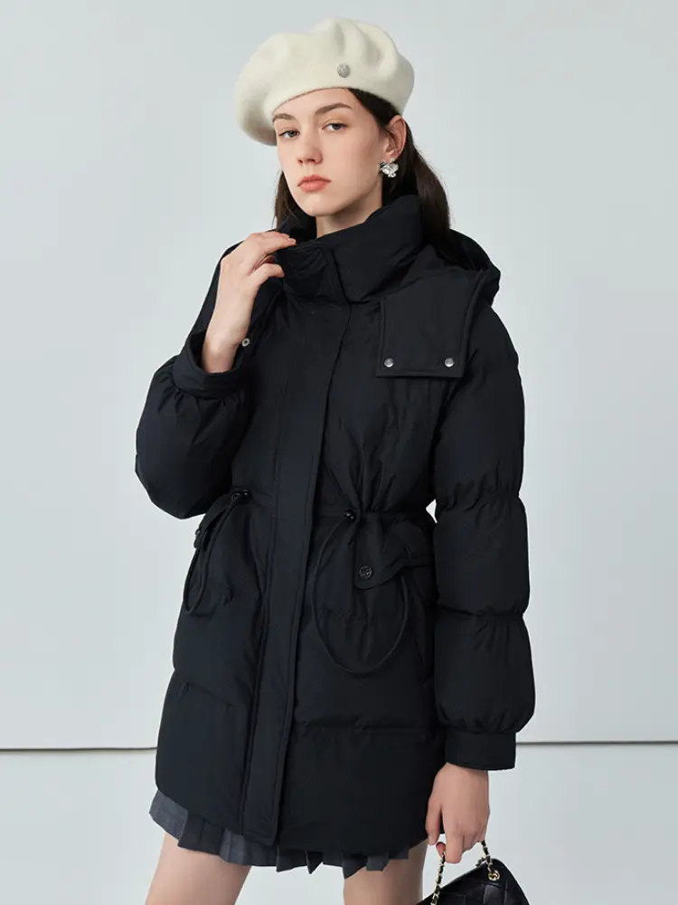 Female Thick White Duck Down Jacket, Casual Hooded, Drawstring Waist Puffer Jacket, Wild Warm Jacket, Winter Fashion, New