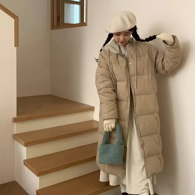 Women's White Duck Down Hooded Jacket, Knee-length, Warm, Thick, Sweet, Fashion, New, Winter