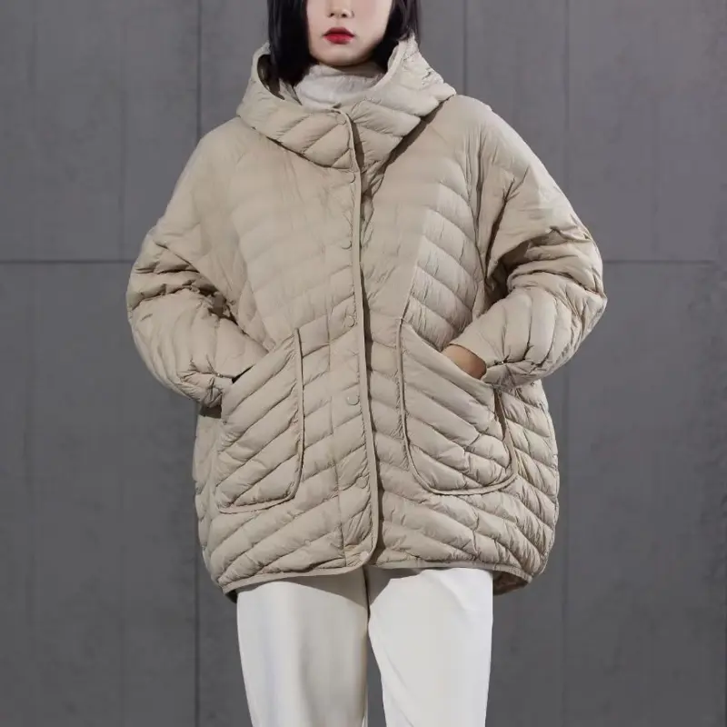 Women's Hooded Lightweight Puffer Coats, Large Pockets Parka, Monochromatic, Simple, Casual Down Jacket, Loose Warm Coats