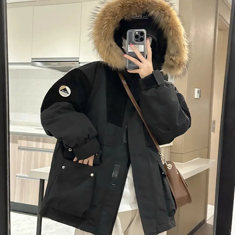 Windproof Hooded Down Jacket for Couples, Large Hair Collar, Cold Design, Street Shooting Trend, Short Parka, Winter New Fashion