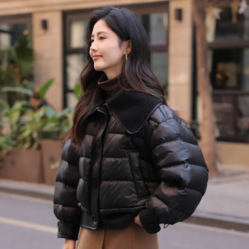 Women's Lamb Hair Lapel Down Jackets, Warm Short Coats, Thick Outerwear, Patchwork Fashion, Winter, New, 2024