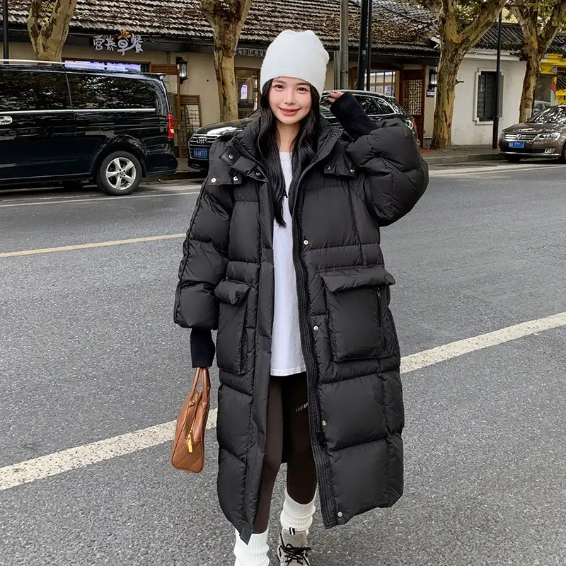 long down jacket women 2024 winter new Casual fashion loose Large pockets zipper jacket White duck down warm thickened coat