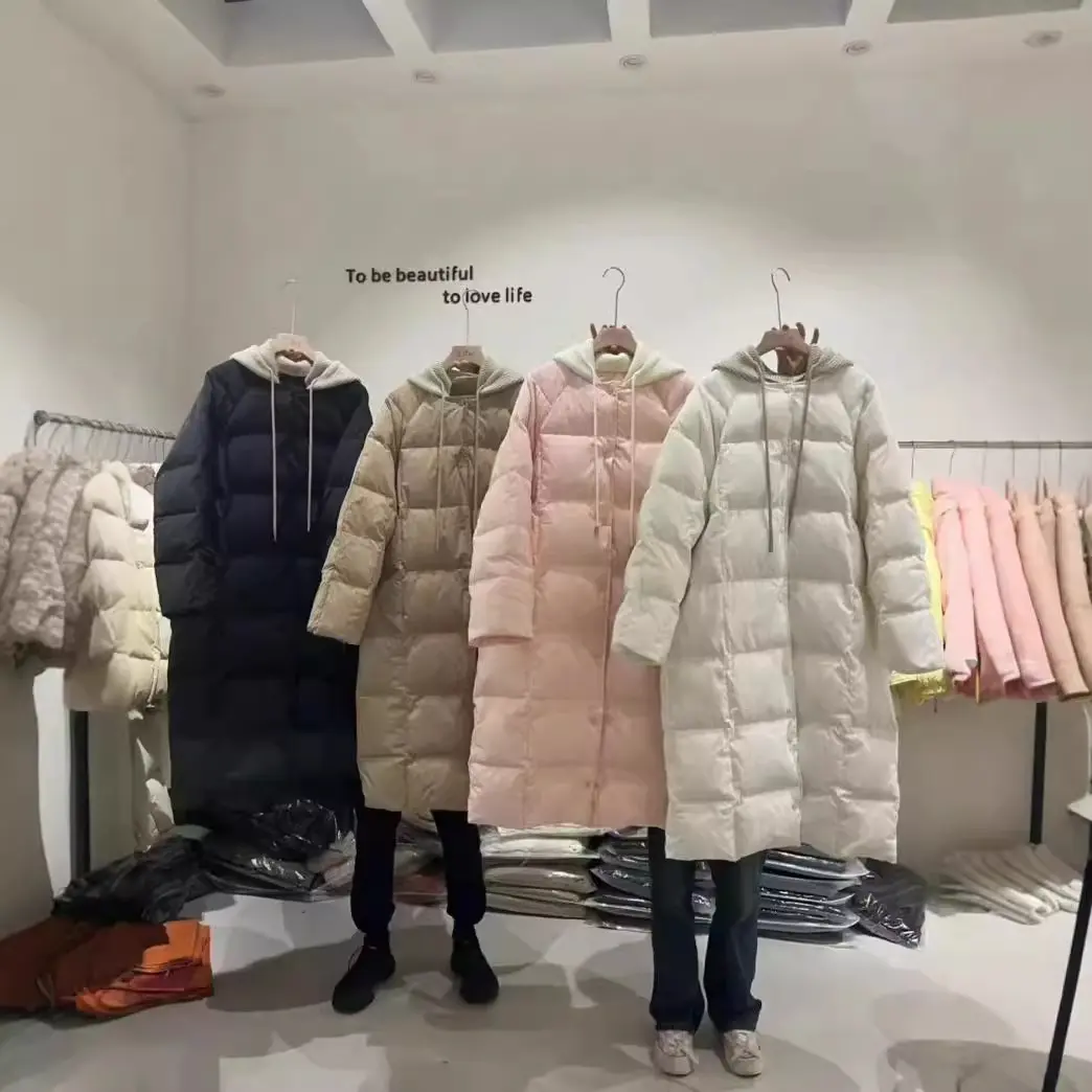 Women's White Duck Down Hooded Jacket, Knee-length, Warm, Thick, Sweet, Fashion, New, Winter