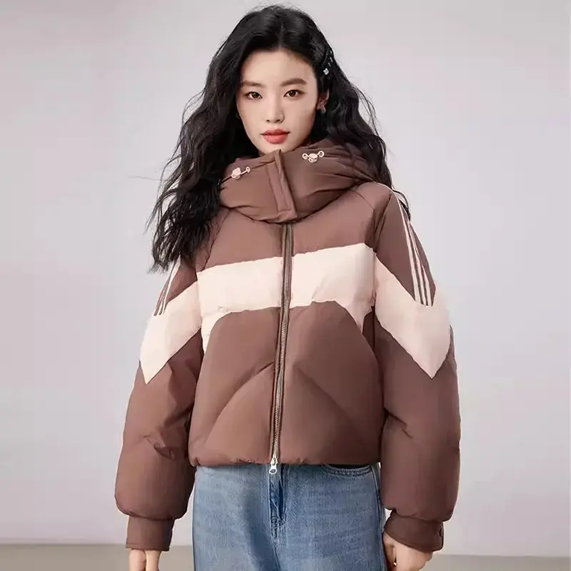 Hooded Duck Down Jacket for Women, Color Clashing, White, Loose, Thickened, Warm, Casual Outerwear, Winter Fashion, New