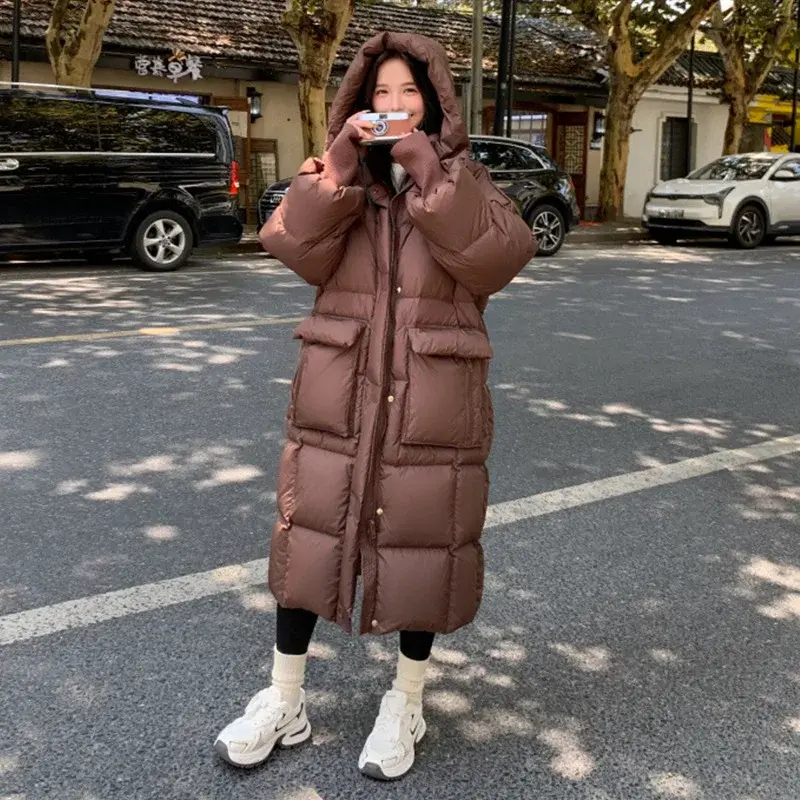 long down jacket women 2024 winter new Casual fashion loose Large pockets zipper jacket White duck down warm thickened coat