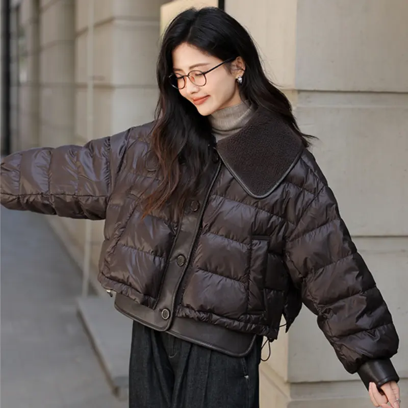 Women's Lamb Hair Lapel Down Jackets, Warm Short Coats, Thick Outerwear, Patchwork Fashion, Winter, New, 2024