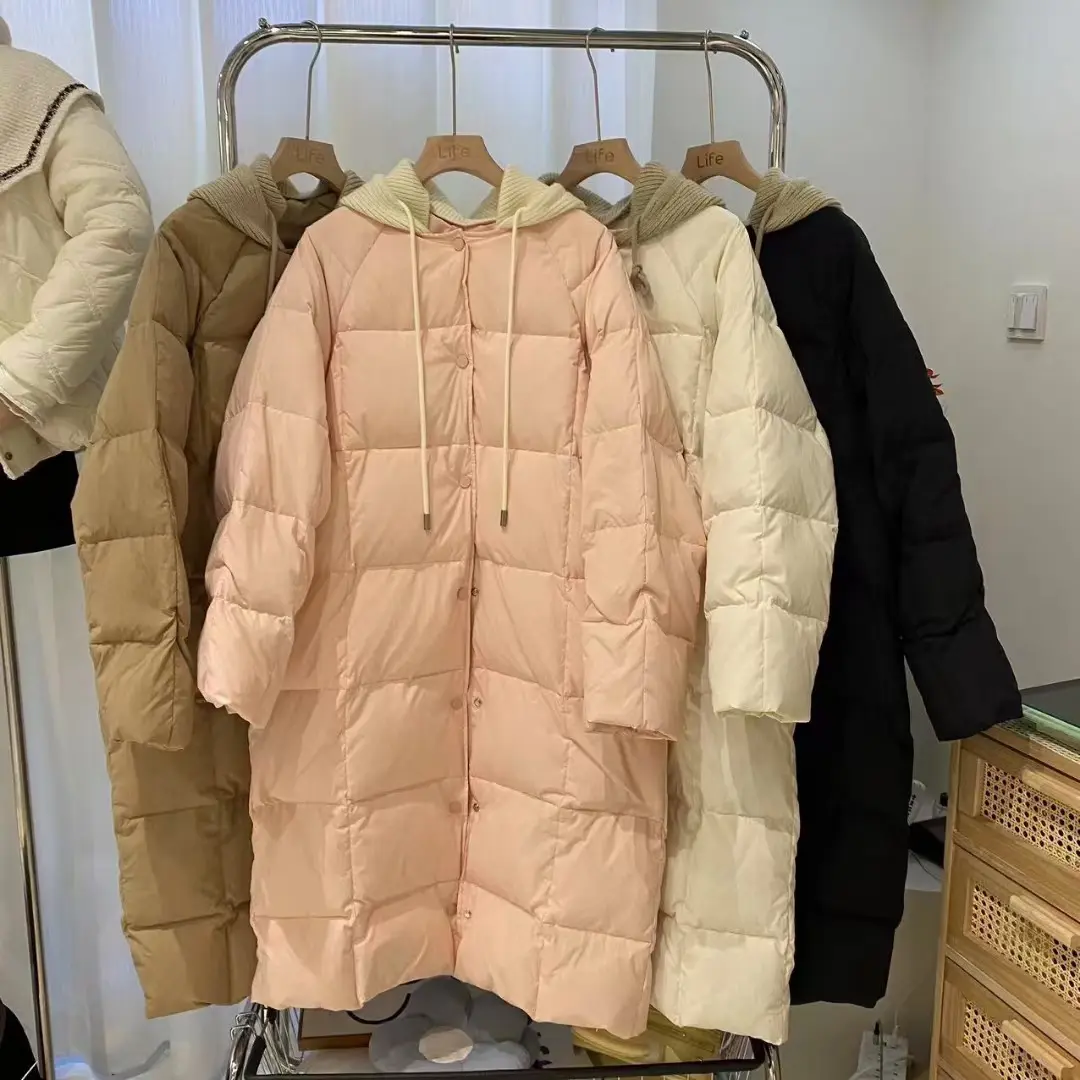 Women's White Duck Down Hooded Jacket, Knee-length, Warm, Thick, Sweet, Fashion, New, Winter