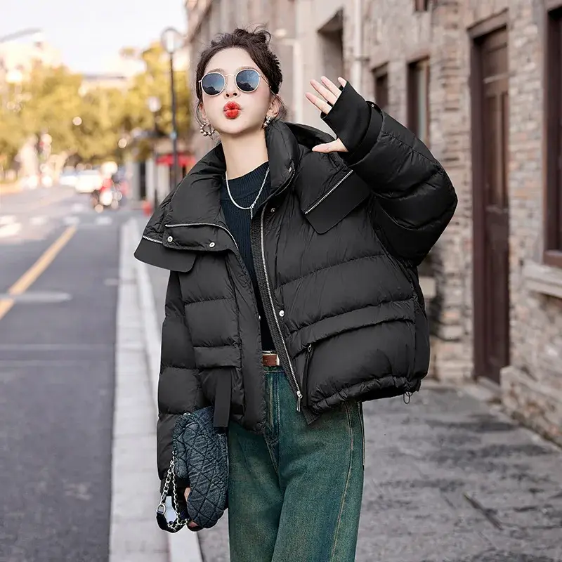 White Duck Down Hooded Jacket for Women, Short Puffer Jacket, Loose Large Size, New Fashion, Fall and Winter