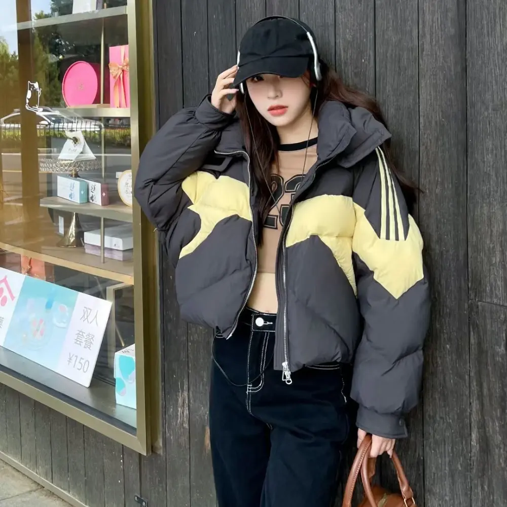 Hooded Duck Down Jacket for Women, Color Clashing, White, Loose, Thickened, Warm, Casual Outerwear, Winter Fashion, New