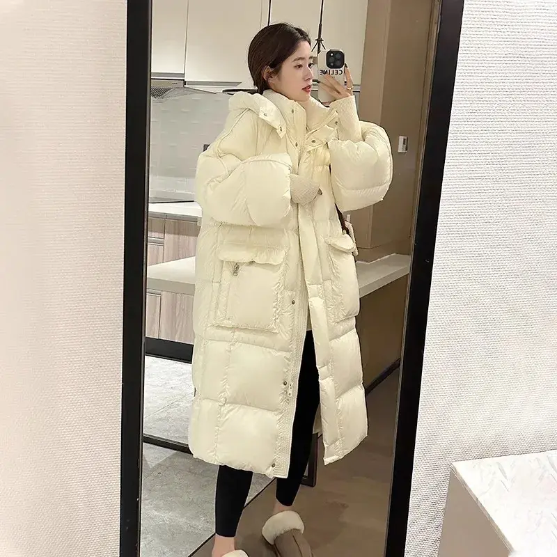 long down jacket women 2024 winter new Casual fashion loose Large pockets zipper jacket White duck down warm thickened coat