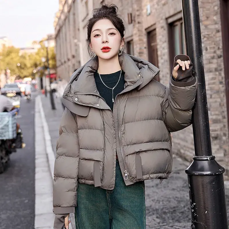 White Duck Down Hooded Jacket for Women, Short Puffer Jacket, Loose Large Size, New Fashion, Fall and Winter