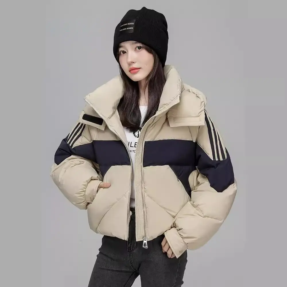 Hooded Duck Down Jacket for Women, Color Clashing, White, Loose, Thickened, Warm, Casual Outerwear, Winter Fashion, New