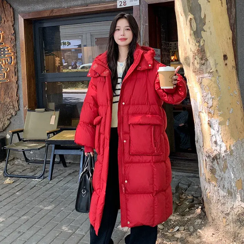 long down jacket women 2024 winter new Casual fashion loose Large pockets zipper jacket White duck down warm thickened coat