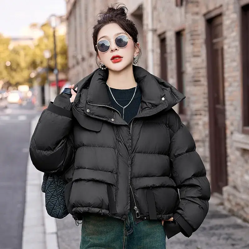 White Duck Down Hooded Jacket for Women, Short Puffer Jacket, Loose Large Size, New Fashion, Fall and Winter