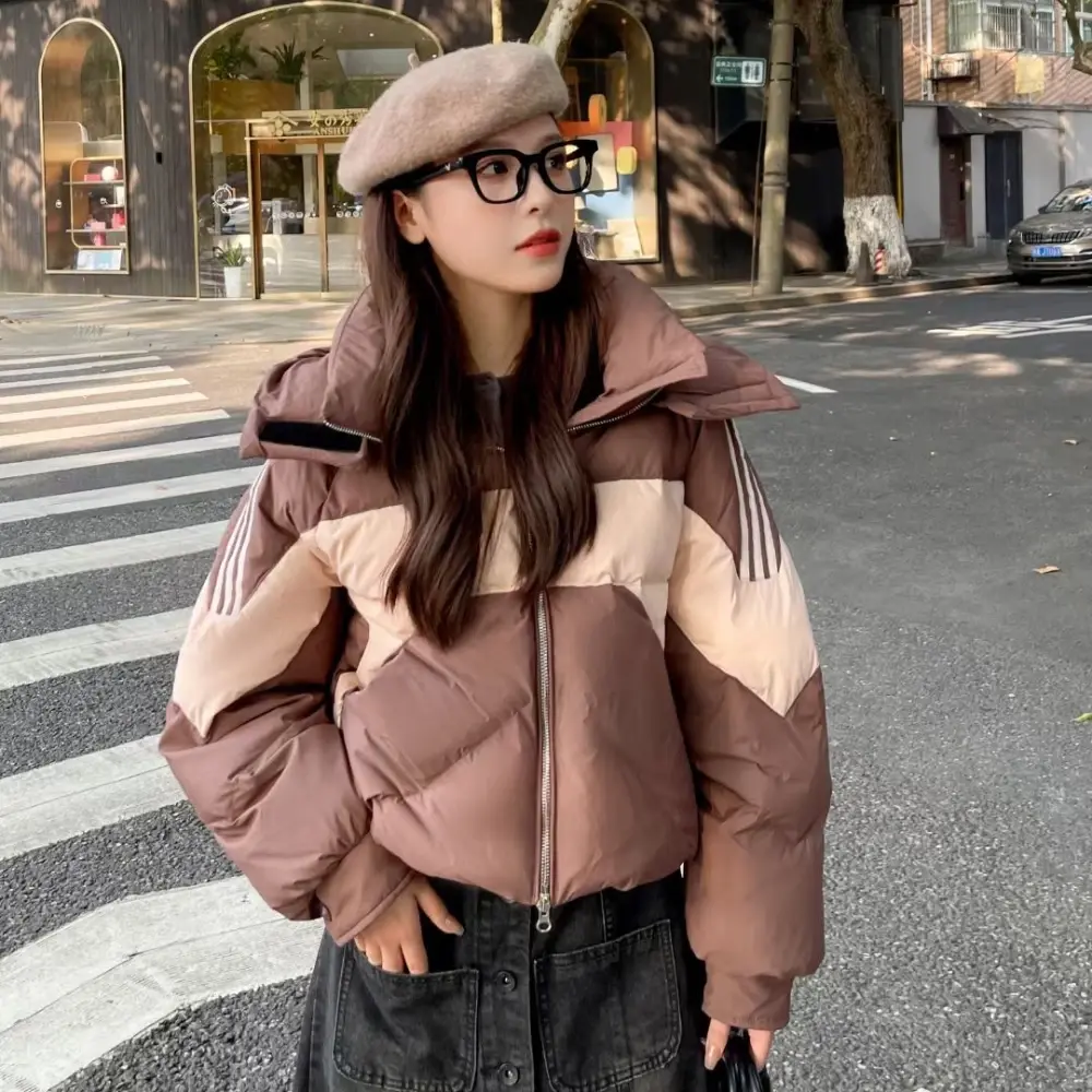 Hooded Duck Down Jacket for Women, Color Clashing, White, Loose, Thickened, Warm, Casual Outerwear, Winter Fashion, New