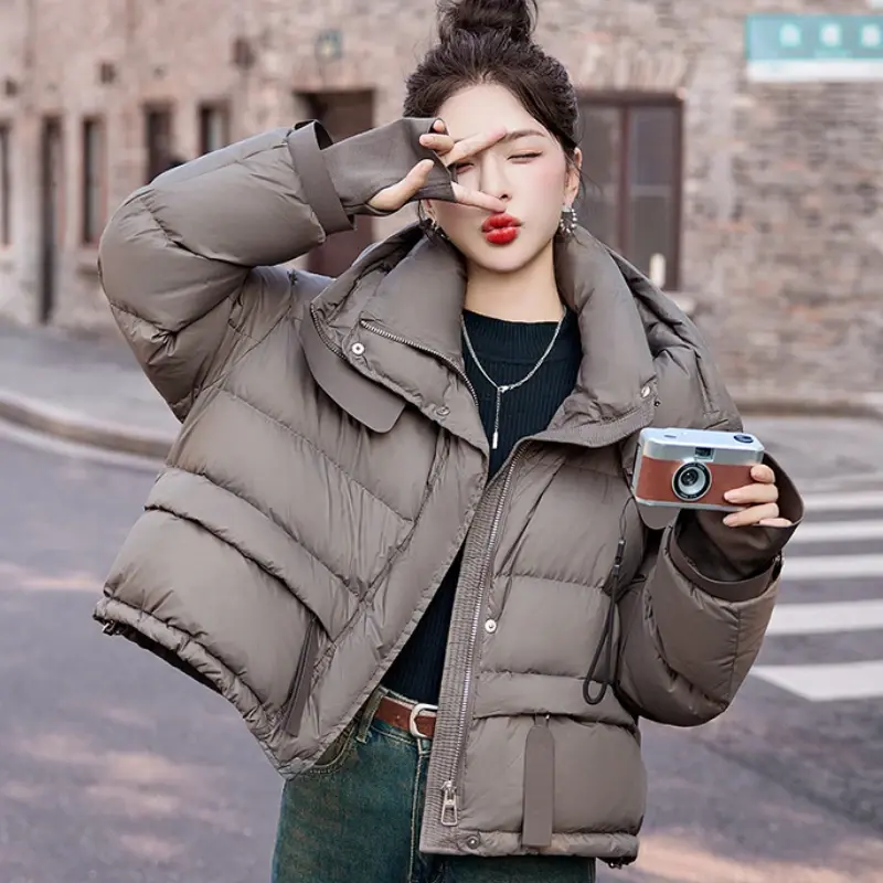 White Duck Down Hooded Jacket for Women, Short Puffer Jacket, Loose Large Size, New Fashion, Fall and Winter