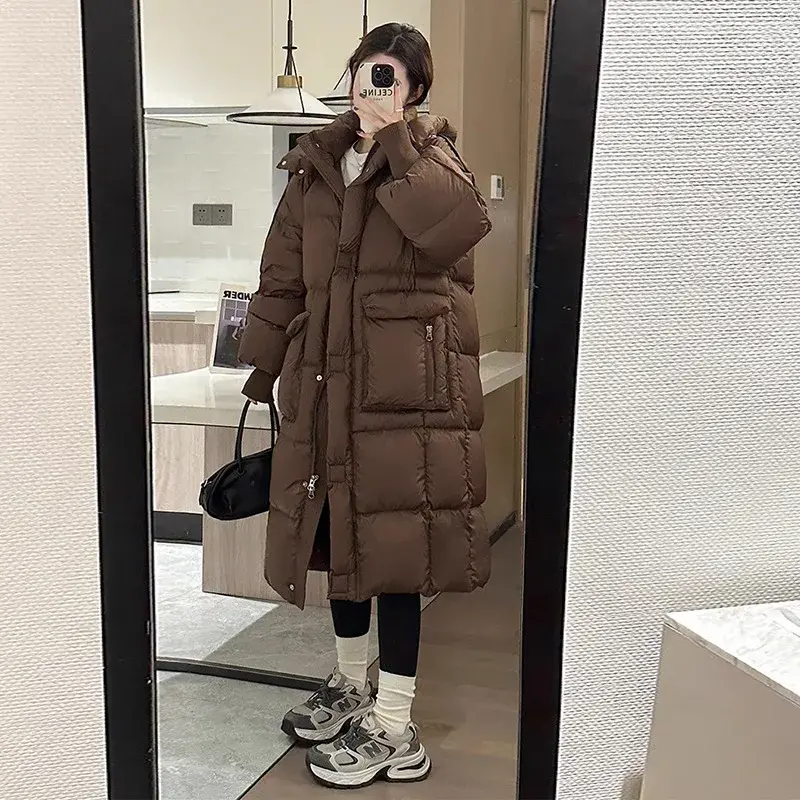 long down jacket women 2024 winter new Casual fashion loose Large pockets zipper jacket White duck down warm thickened coat