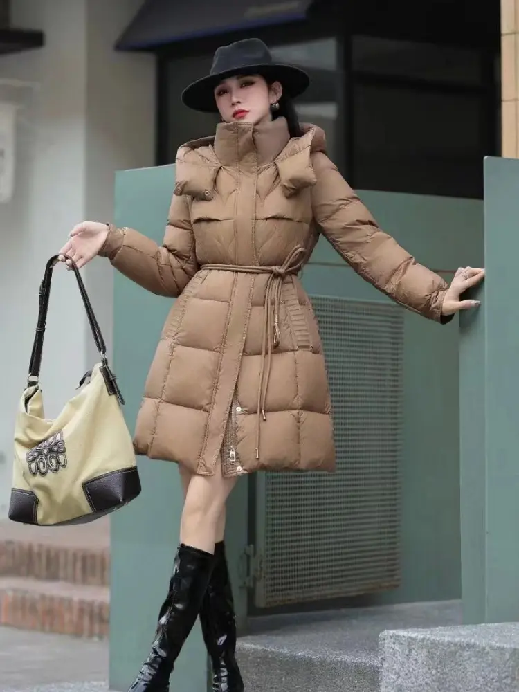 White Duck Down Jacket for Women, Long Section, Warm Overcoat, Slim Tie, Stand Collar, Winter Fashion, New