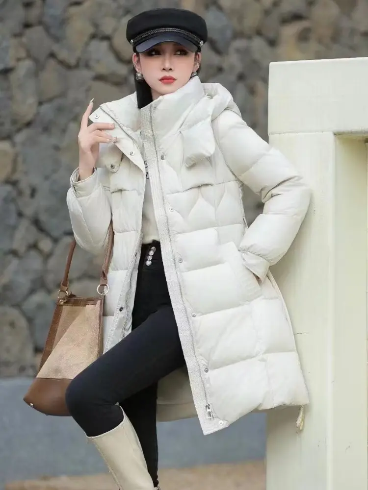White Duck Down Jacket for Women, Long Section, Warm Overcoat, Slim Tie, Stand Collar, Winter Fashion, New