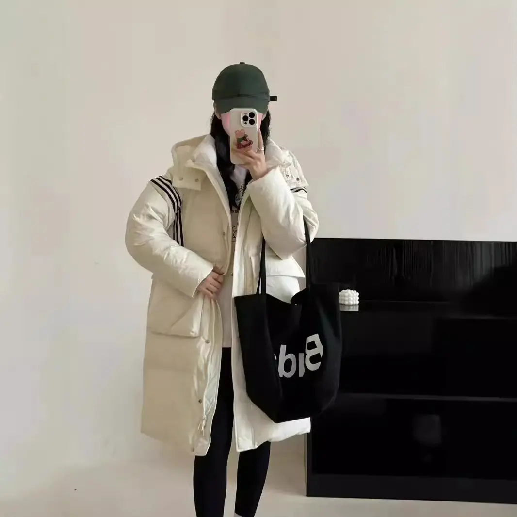 2024 Winter New Fashion Long Down Jacket Women Knee-length Hooded Striped Sports Thickening  Loose Warm White Duck Down Jacket