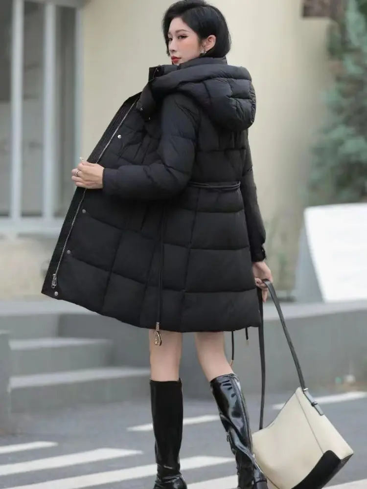 White Duck Down Jacket for Women, Long Section, Warm Overcoat, Slim Tie, Stand Collar, Winter Fashion, New