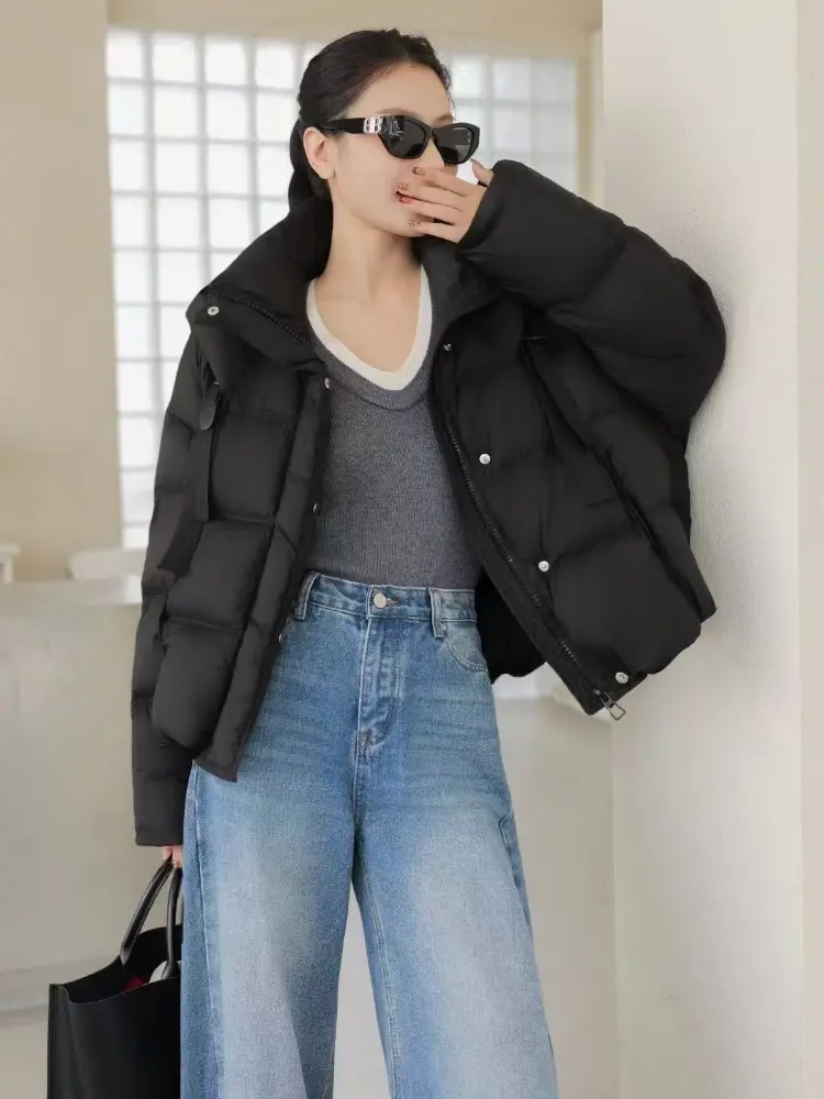 2024 Winter New Down Jacket Women  Thickened White Duck Down Hooded Puffer Jacket Fashion Flutter Belt Warm Stand Collar Coat