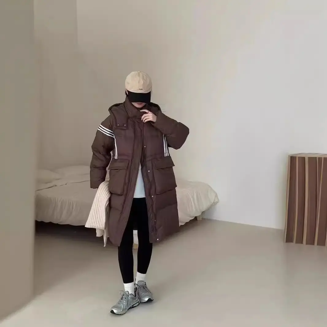 2024 Winter New Fashion Long Down Jacket Women Knee-length Hooded Striped Sports Thickening  Loose Warm White Duck Down Jacket