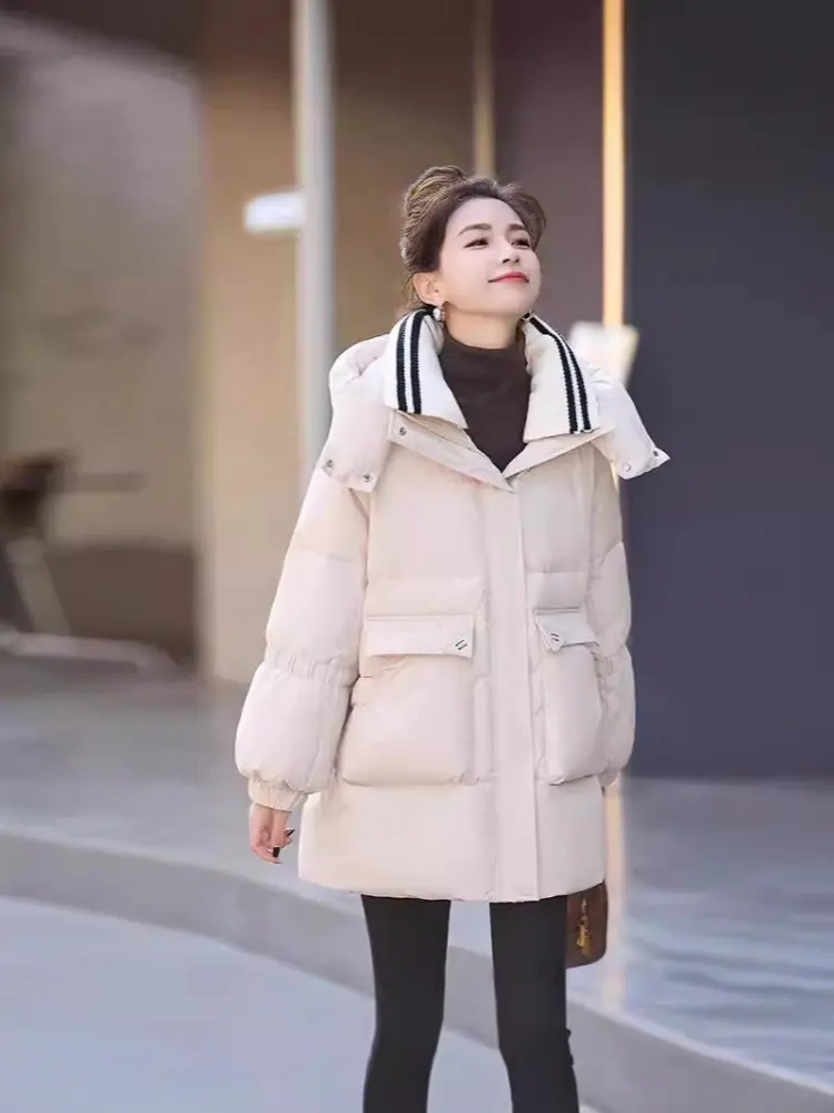 Down Jacket Women's Medium-length New Winter Loose Thickened White Duck Down Warm Hooded Puffer Jacket Fashion Waist Slim Coat