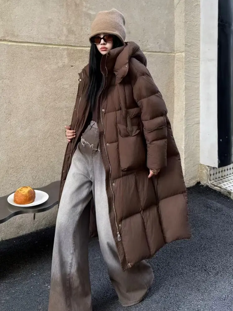 Hooded Down Jacket Women Winter New Loose Thickened Warm White Duck Down Puffer Jacket Loose Leisure in The Long Section Coat