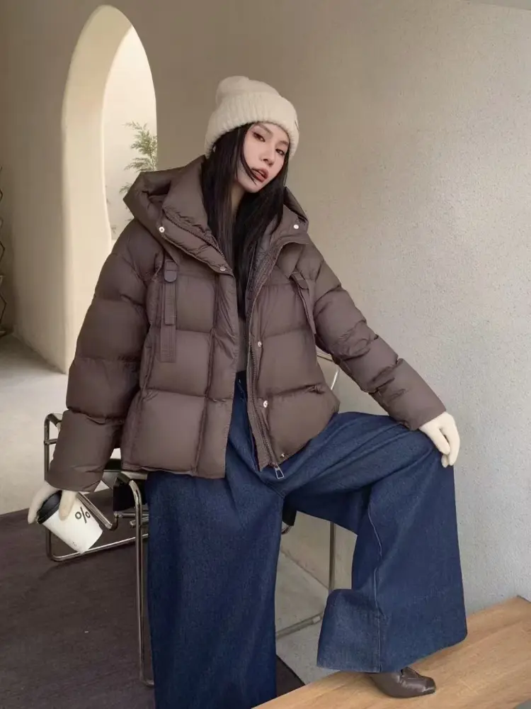 2024 Winter New Down Jacket Women  Thickened White Duck Down Hooded Puffer Jacket Fashion Flutter Belt Warm Stand Collar Coat