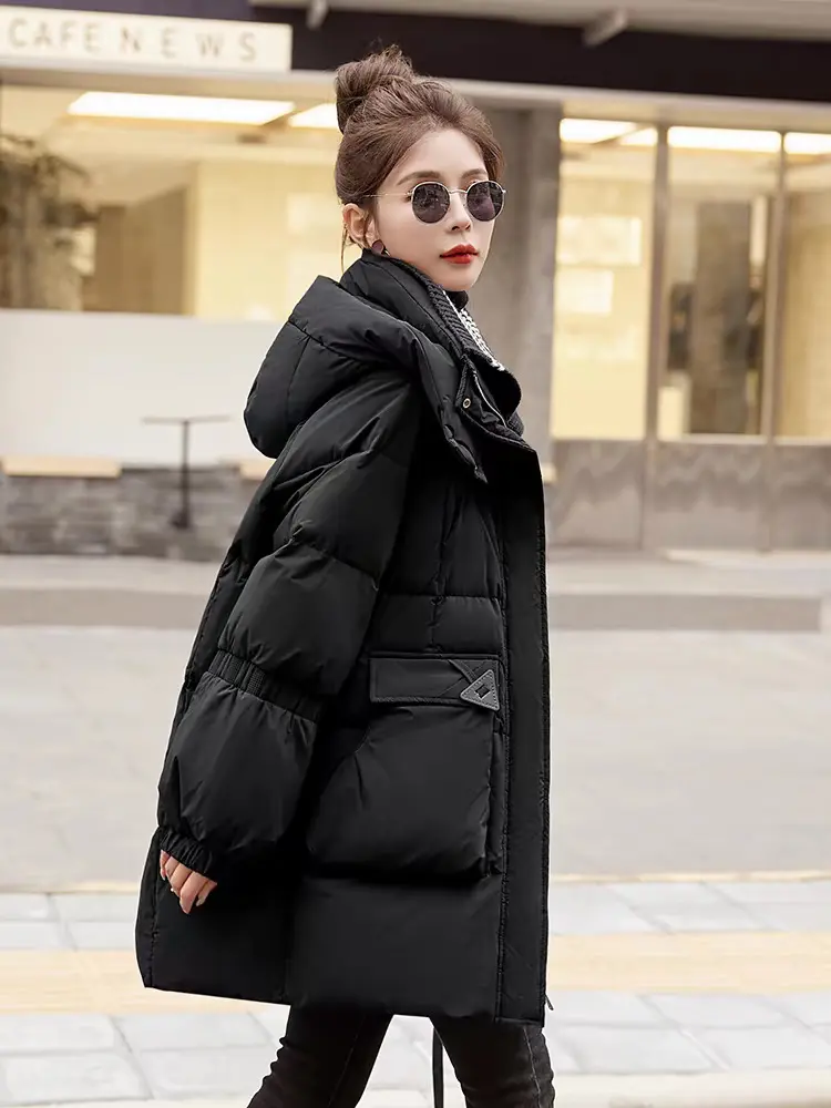 Down Jacket Women's Medium-length New Winter Loose Thickened White Duck Down Warm Hooded Puffer Jacket Fashion Waist Slim Coat
