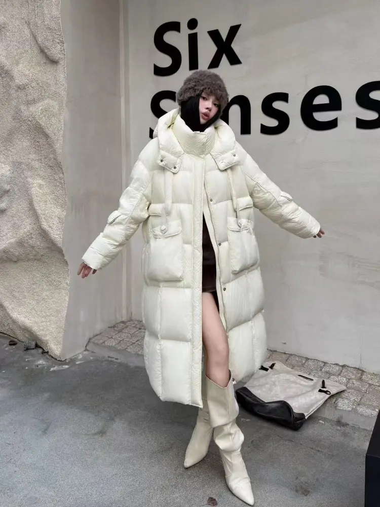 Hooded Down Jacket Women Winter New Loose Thickened Warm White Duck Down Puffer Jacket Loose Leisure in The Long Section Coat