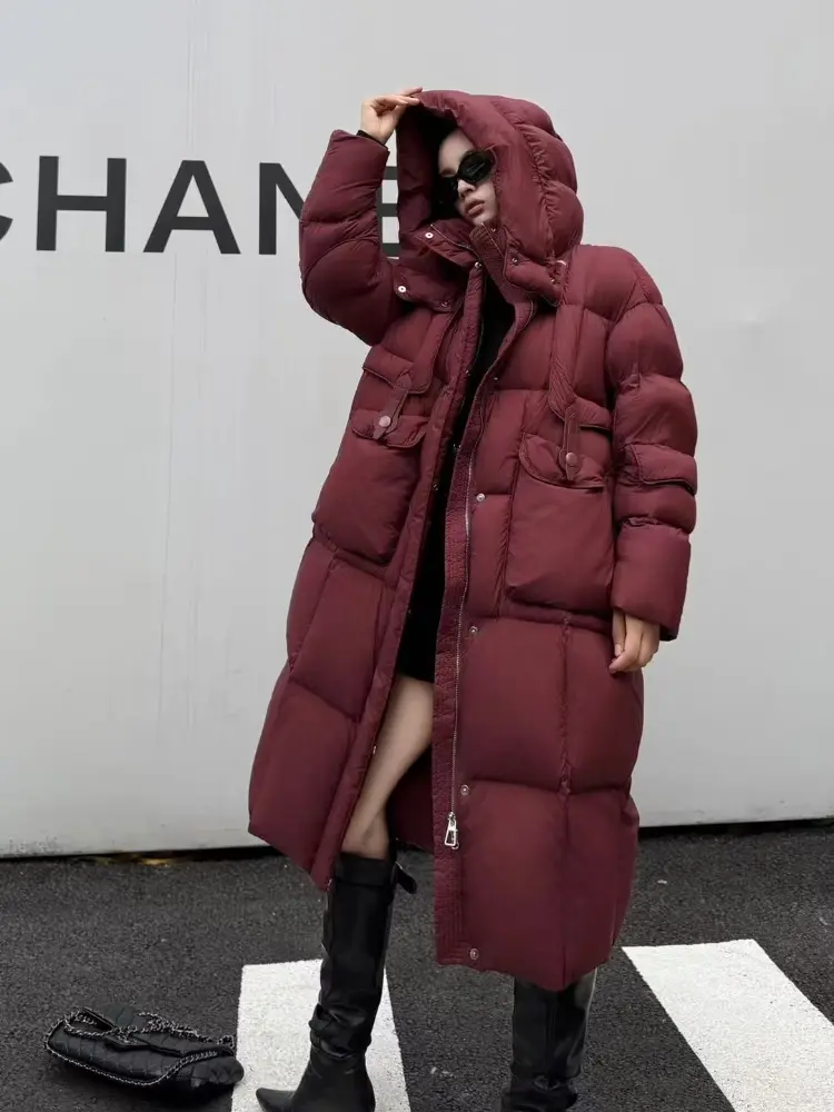 Hooded Down Jacket Women Winter New Loose Thickened Warm White Duck Down Puffer Jacket Loose Leisure in The Long Section Coat