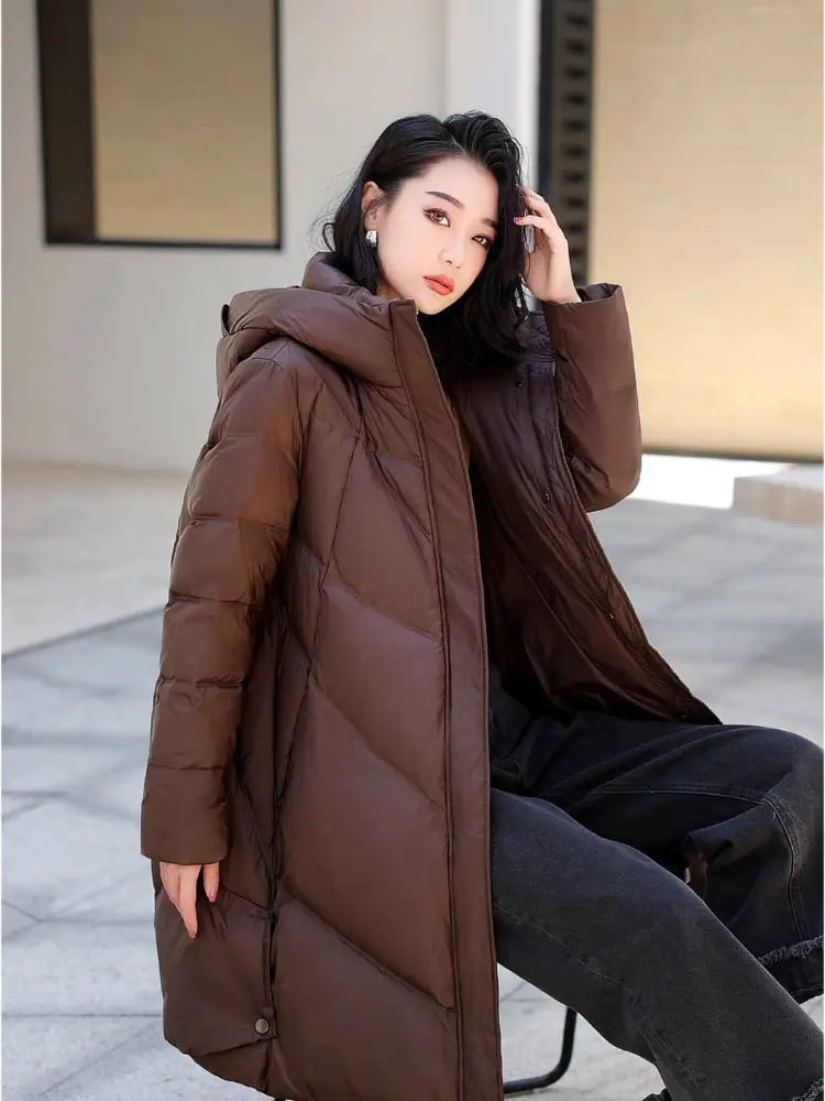 Women's Long Hooded Duck Down Puffer Jacket, Thick Overcoat, Warm, Large Size, Loose, Casual, White, Winter, New