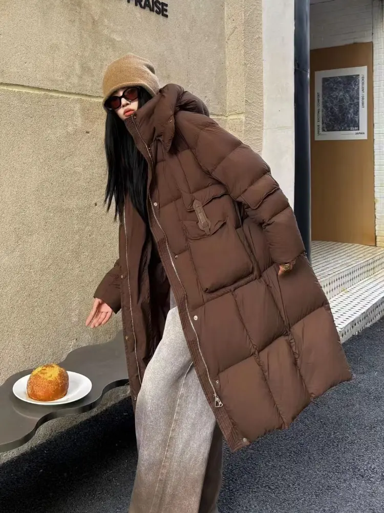 Hooded Down Jacket Women Winter New Loose Thickened Warm White Duck Down Puffer Jacket Loose Leisure in The Long Section Coat