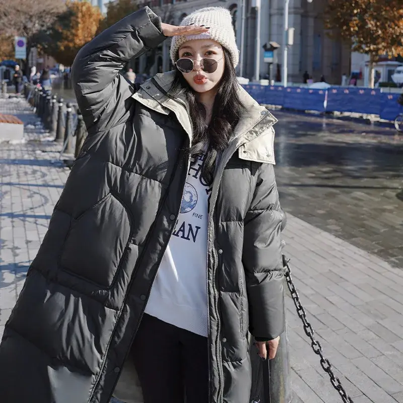 Women's Color Collision Long Down Jacket, White Duck Down, Warm Puffer Jacket, Loose Knee-length Hooded Coat, Winter, New