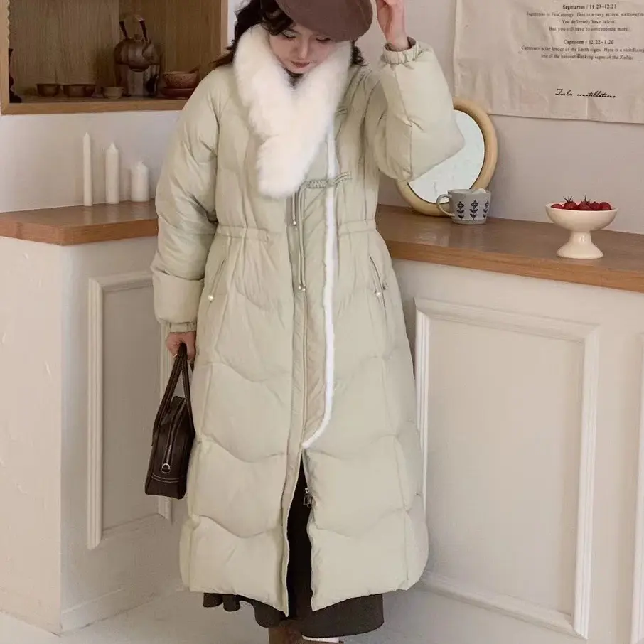 Chinese Disk Buckle Down Jacket for Women, Fox Fur Collar, Warm Winter Scarf, Raw Edge, Over the Knee