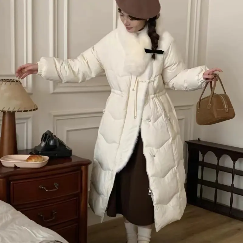 Chinese Disk Buckle Down Jacket for Women, Fox Fur Collar, Warm Winter Scarf, Raw Edge, Over the Knee